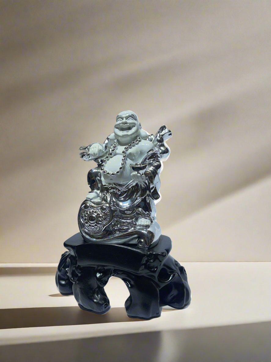 Laughing Buddha, white and silver