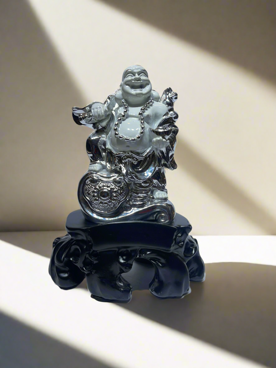 Laughing Buddha, white and silver