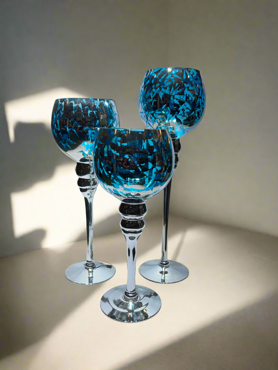 Candle Stand 3Pc sky blue and Silver ￼