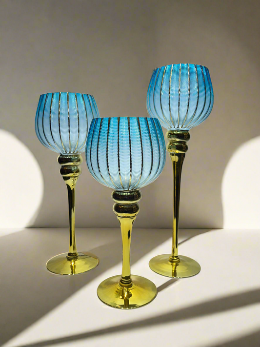 Candle Stand 3Pc sky blue and Golden