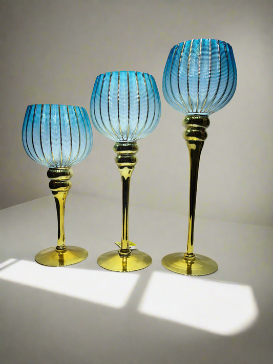 Candle Stand 3Pc sky blue and Golden