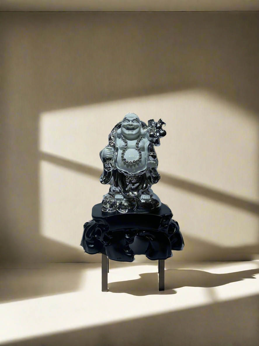 Laughing Buddha, white and Silver