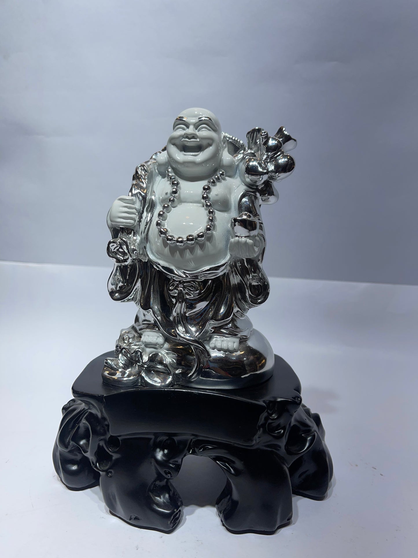 Laughing Buddha, white and Silver